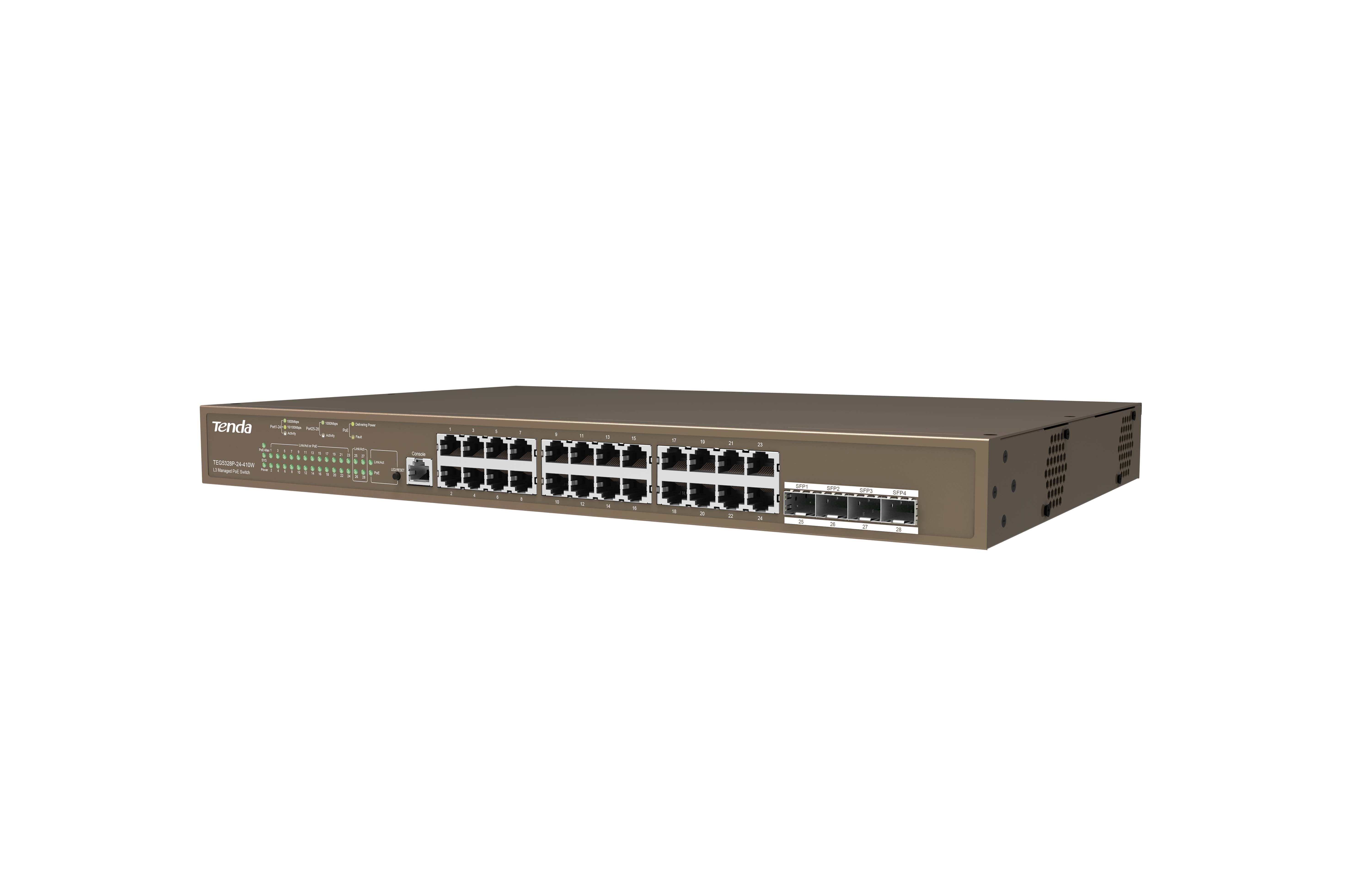 TENDA TEG5328P-24-410W 24 PORT POE+ 10-100-1000 SWITCH 4 PORT SFP L2 CELIK KASA RACK MOUNT