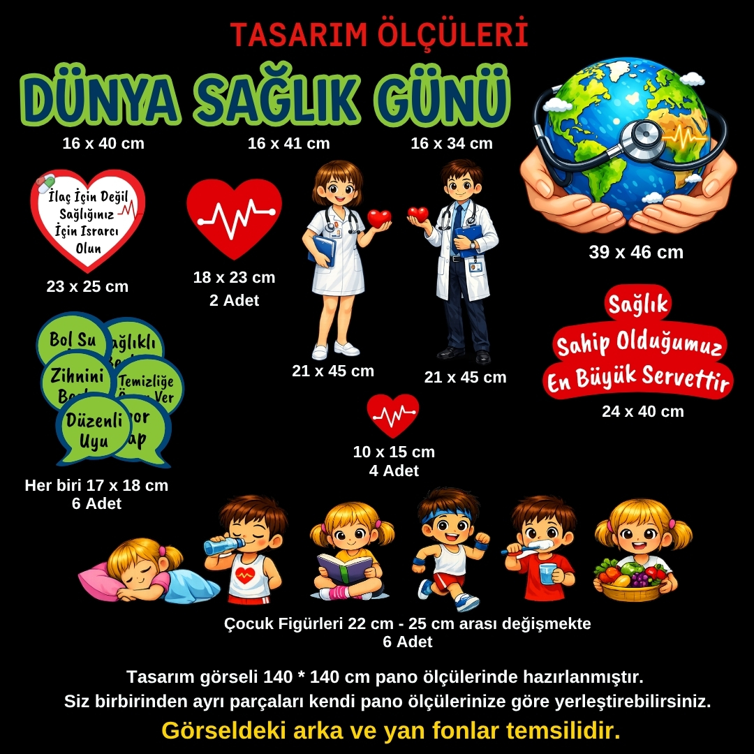 Dünya Sağlık Günü Okul Panosu Figür Seti | Hazır Kesim Sınıf Süsü