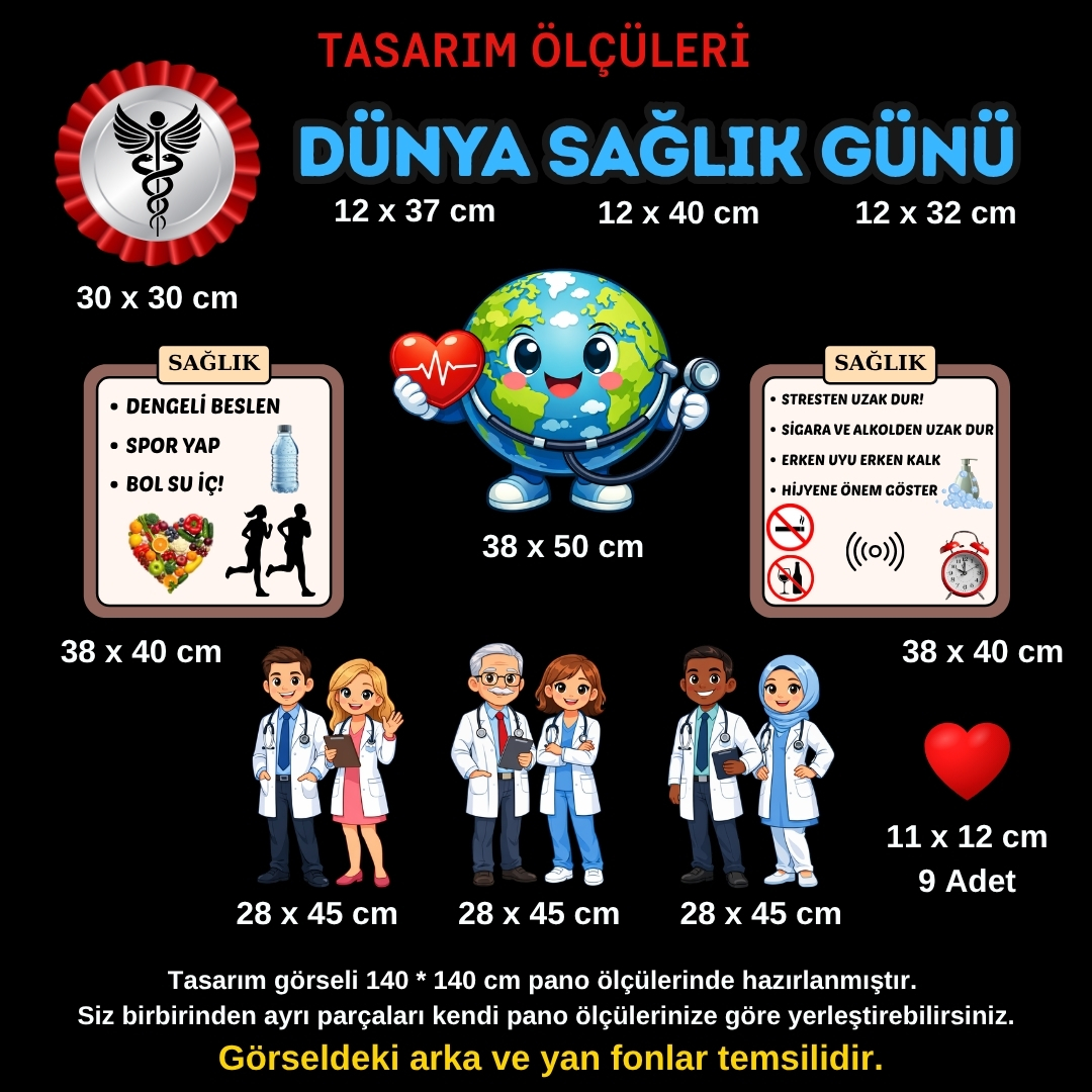 Dünya Sağlık Günü Okul Panosu Figür Seti | Hazır Kesim Sınıf Süsü