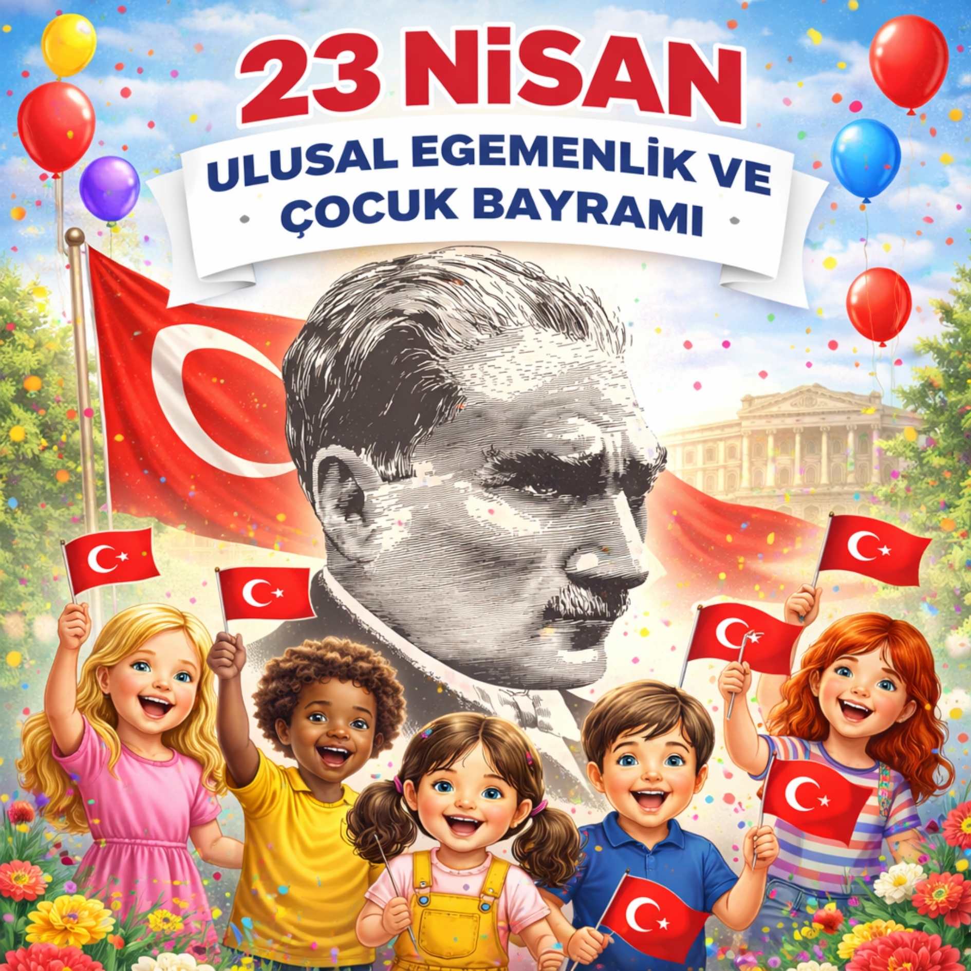 23 Nisan Ulusal Egemenlik ve Çocuk Bayramı Premium Vinil Pano Süsü 160x160 cm | Tek Parça Okul Dekoru (Model 11)