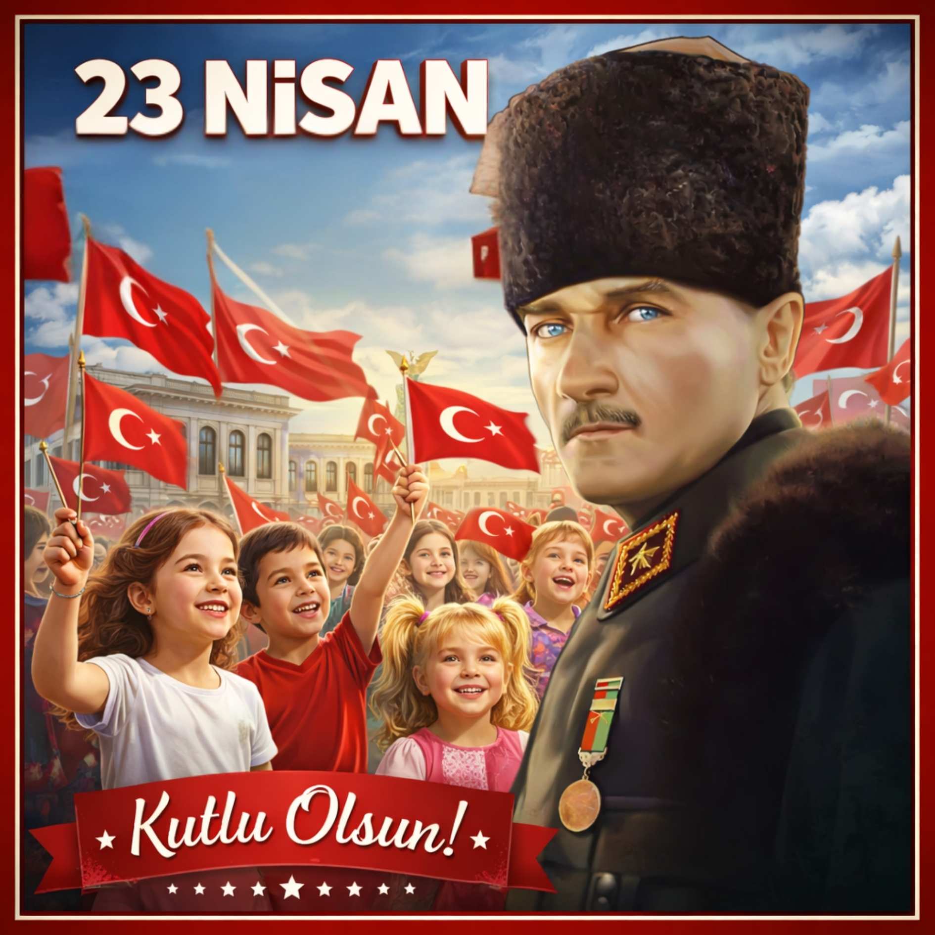 23 Nisan Ulusal Egemenlik ve Çocuk Bayramı Premium Vinil Pano Süsü 160x160 cm | Tek Parça Okul Dekoru (Model 15)