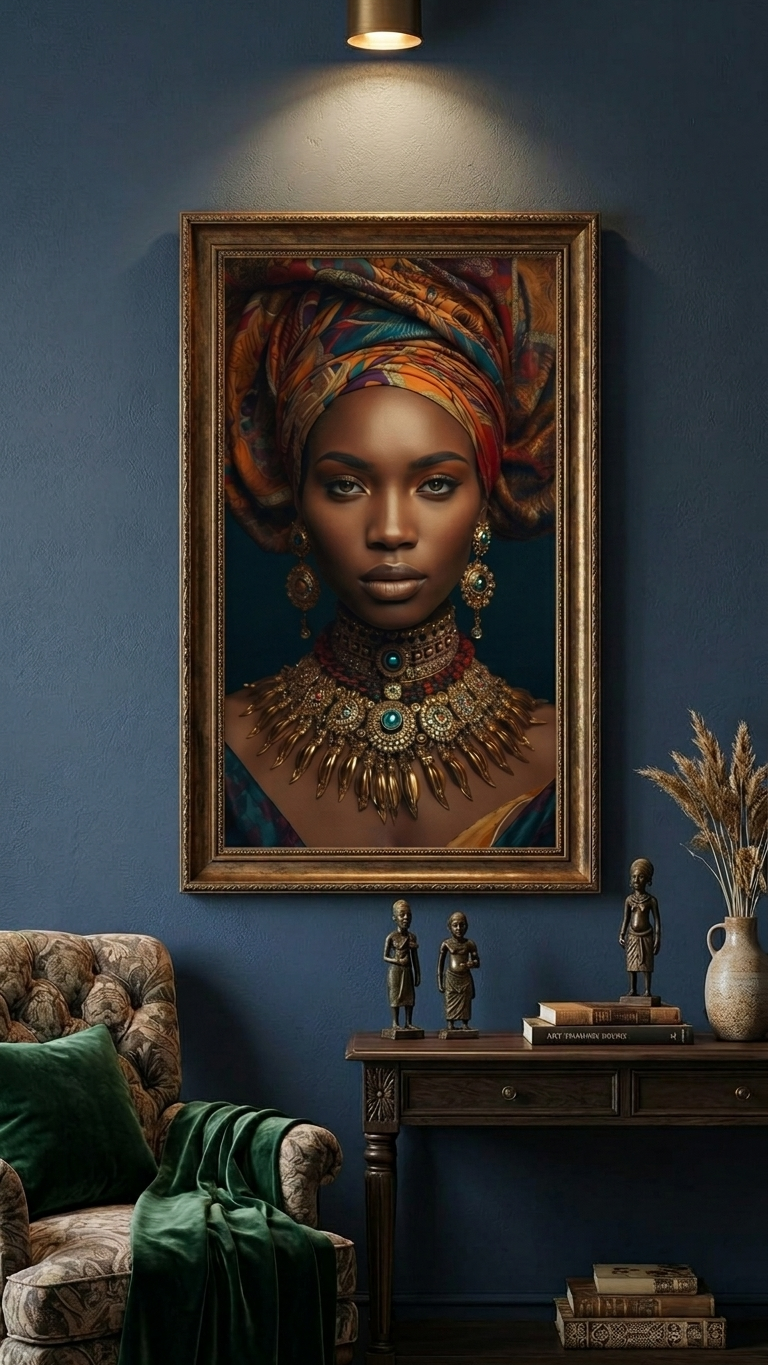 Afro Kraliçe Serisi 05 – Majestic Gele & Afrofütürizm Portresi (Canlı Renkler ve Regal Duruş)