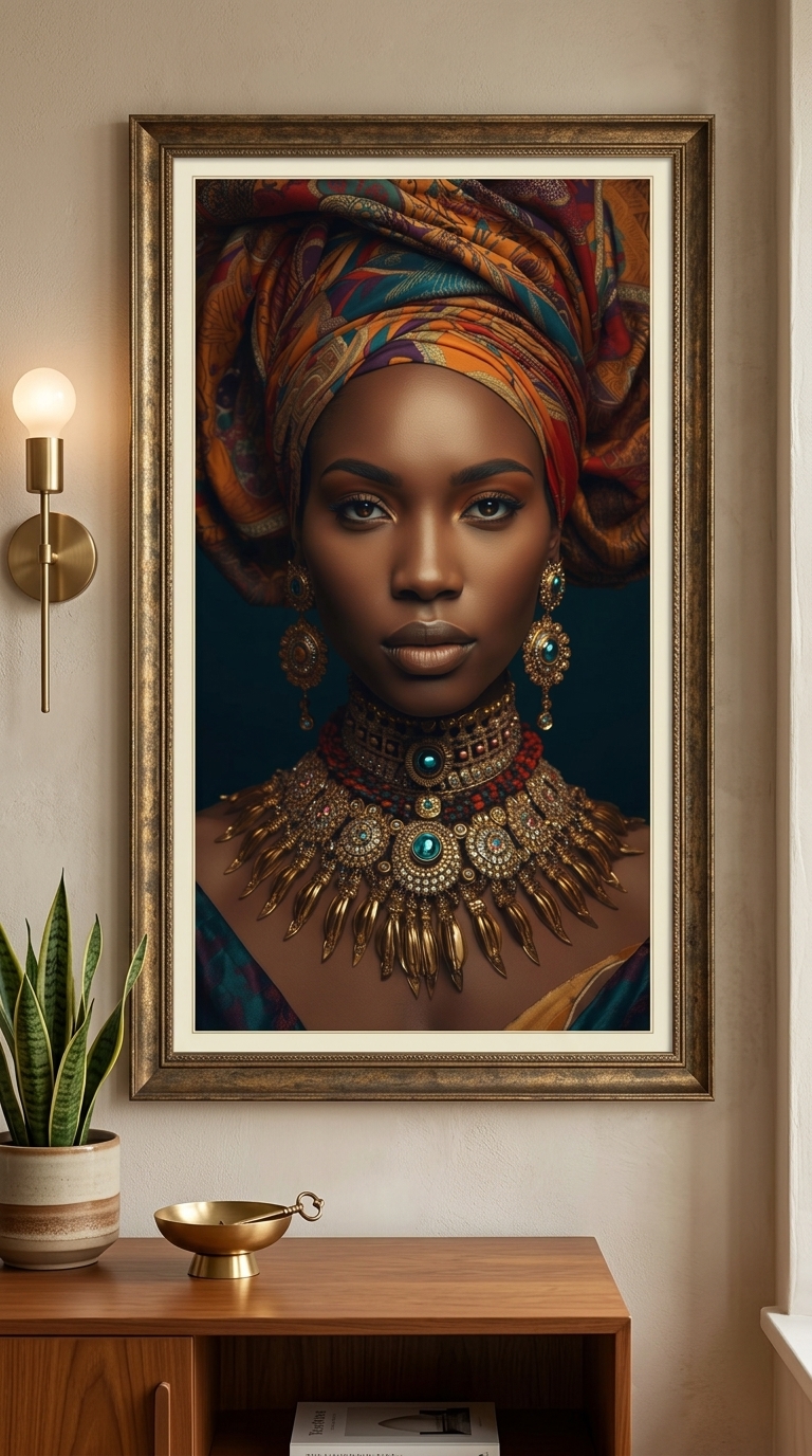 Afro Kraliçe Serisi 05 – Majestic Gele & Afrofütürizm Portresi (Canlı Renkler ve Regal Duruş)