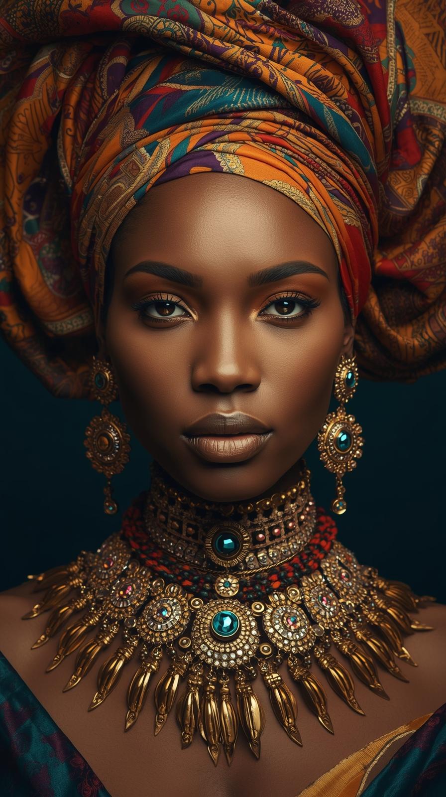 Afro Kraliçe Serisi 05 – Majestic Gele & Afrofütürizm Portresi (Canlı Renkler ve Regal Duruş) Afro Kraliçe Serisi 05 – Majestic Gele & Afrofütürizm Portresi (Canlı Renkler ve Regal Duruş)