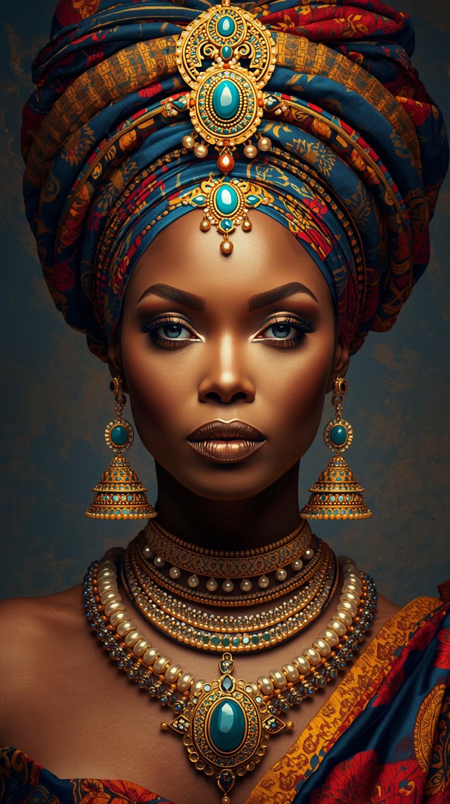 Afro Kraliçe Serisi 06 – Majestic Gele & Afrofütürizm Portresi (Canlı Renkler ve Regal Duruş) Afro Kraliçe Serisi 06 – Majestic Gele & Afrofütürizm Portresi (Canlı Renkler ve Regal Duruş)