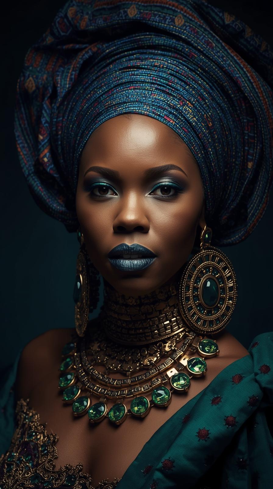Afro Kraliçe Serisi 07 – Majestic Gele & Afrofütürizm Portresi (Canlı Renkler ve Regal Duruş) Afro Kraliçe Serisi 07 – Majestic Gele & Afrofütürizm Portresi (Canlı Renkler ve Regal Duruş)