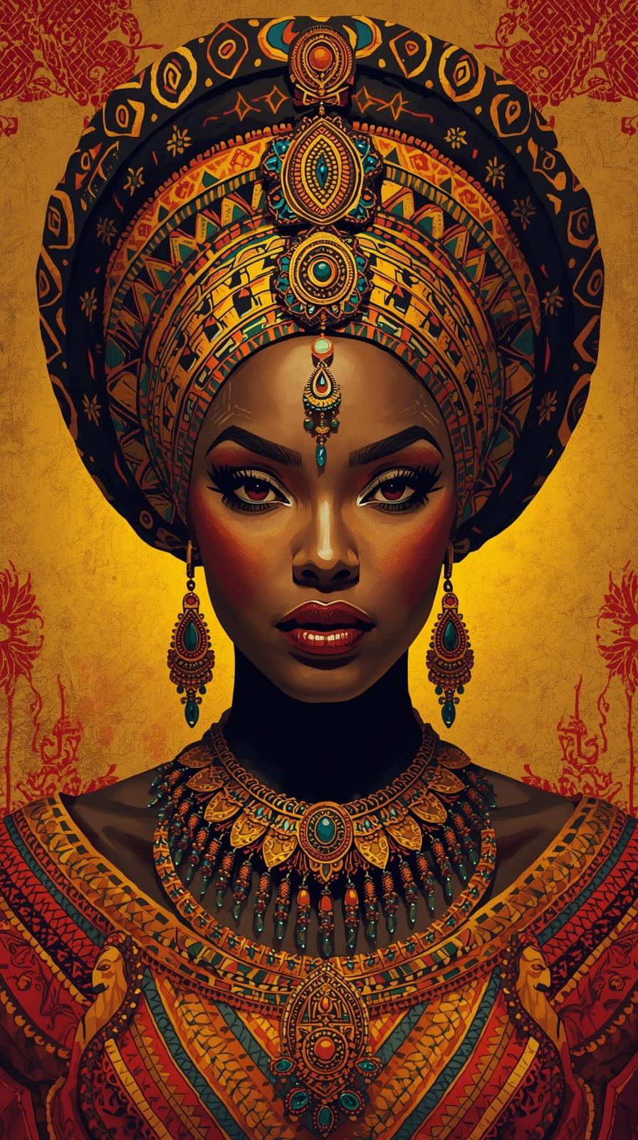 Afro Kraliçe Serisi 08 – Majestic Gele & Afrofütürizm Portresi (Canlı Renkler ve Regal Duruş) Afro Kraliçe Serisi 08 – Majestic Gele & Afrofütürizm Portresi (Canlı Renkler ve Regal Duruş)