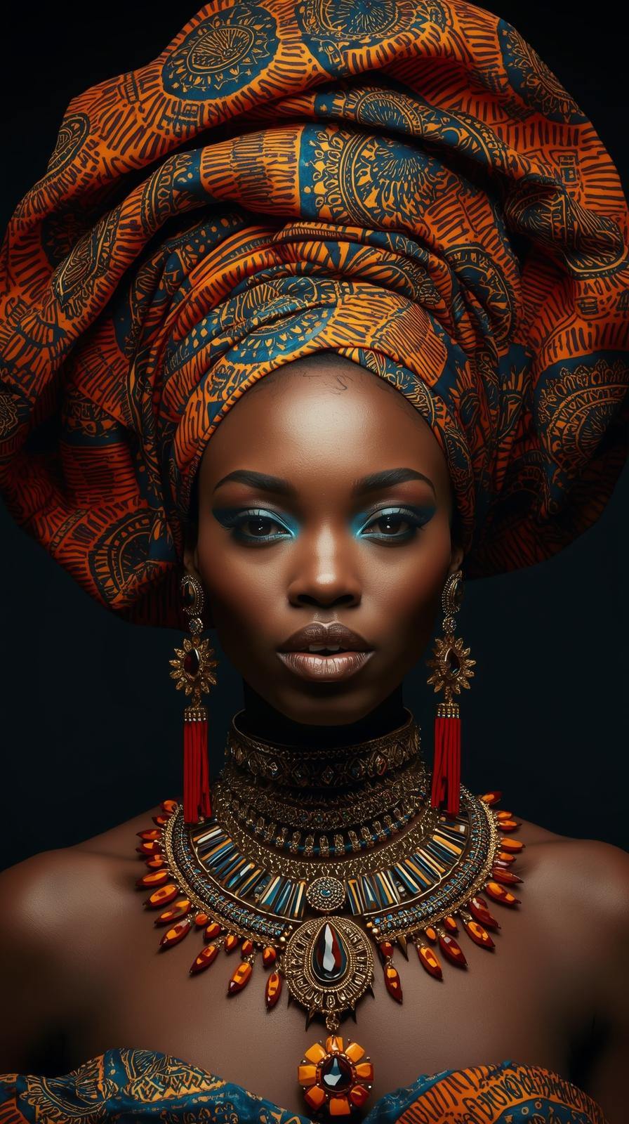 Afro Kraliçe Serisi 09 – Majestic Gele & Afrofütürizm Portresi (Canlı Renkler ve Regal Duruş) Afro Kraliçe Serisi 09 – Majestic Gele & Afrofütürizm Portresi (Canlı Renkler ve Regal Duruş)