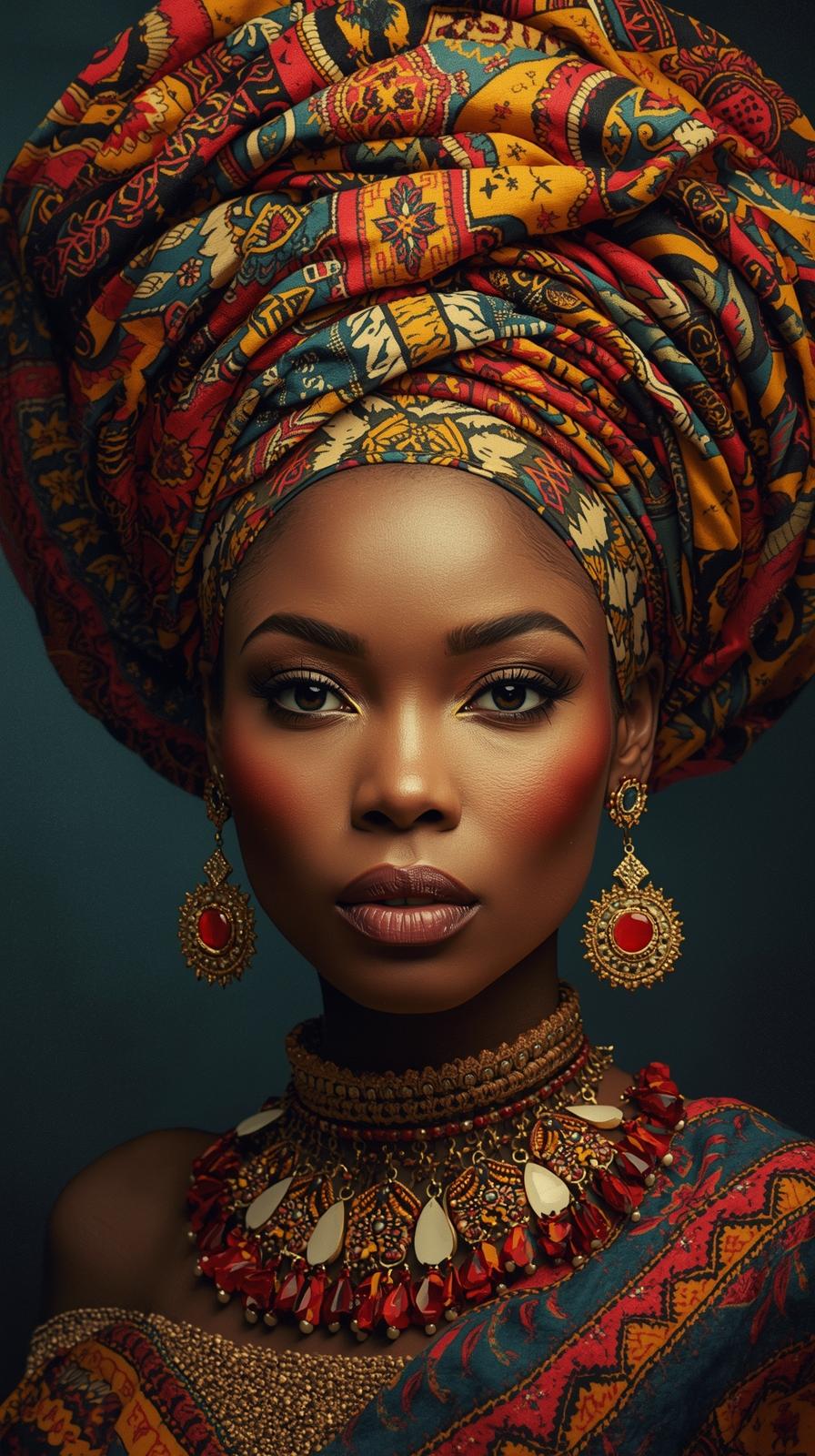 Afro Kraliçe Serisi 10 – Majestic Gele & Afrofütürizm Portresi (Canlı Renkler ve Regal Duruş) Afro Kraliçe Serisi 10 – Majestic Gele & Afrofütürizm Portresi (Canlı Renkler ve Regal Duruş)