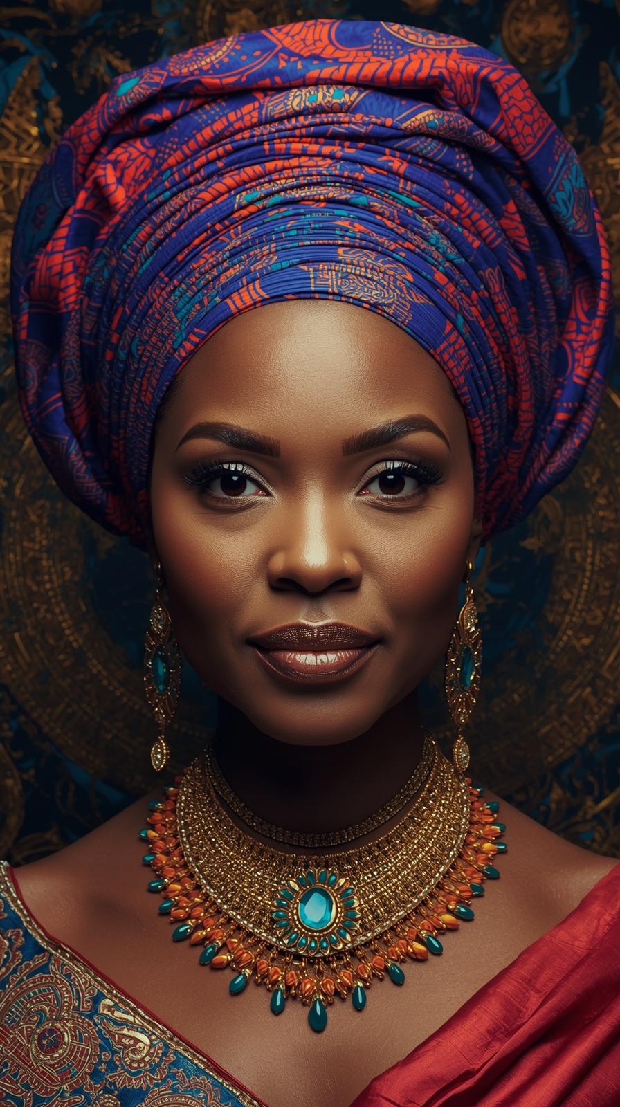 Afro Kraliçe Serisi 19 – Majestic Gele & Afrofütürizm Portresi (Canlı Renkler ve Regal Duruş)