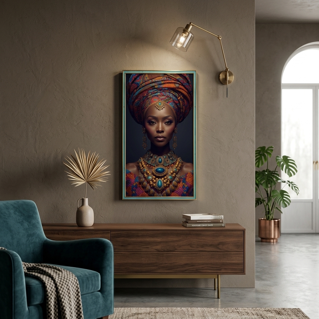 Afro Kraliçe Serisi 11 – Majestic Gele & Afrofütürizm Portresi (Canlı Renkler ve Regal Duruş)
