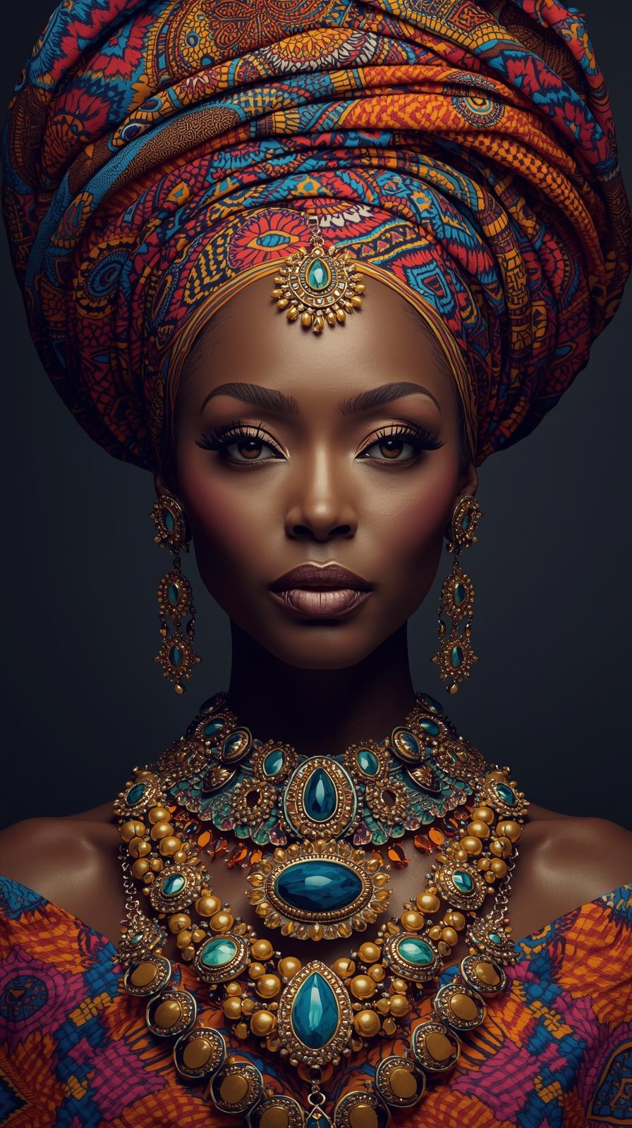 Afro Kraliçe Serisi 11 – Majestic Gele & Afrofütürizm Portresi (Canlı Renkler ve Regal Duruş) Afro Kraliçe Serisi 11 – Majestic Gele & Afrofütürizm Portresi (Canlı Renkler ve Regal Duruş)
