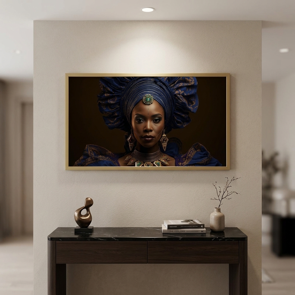Afro Kraliçe Serisi 01 – Majestic Gele & Afrofütürizm Portresi (Canlı Renkler ve Regal Duruş)