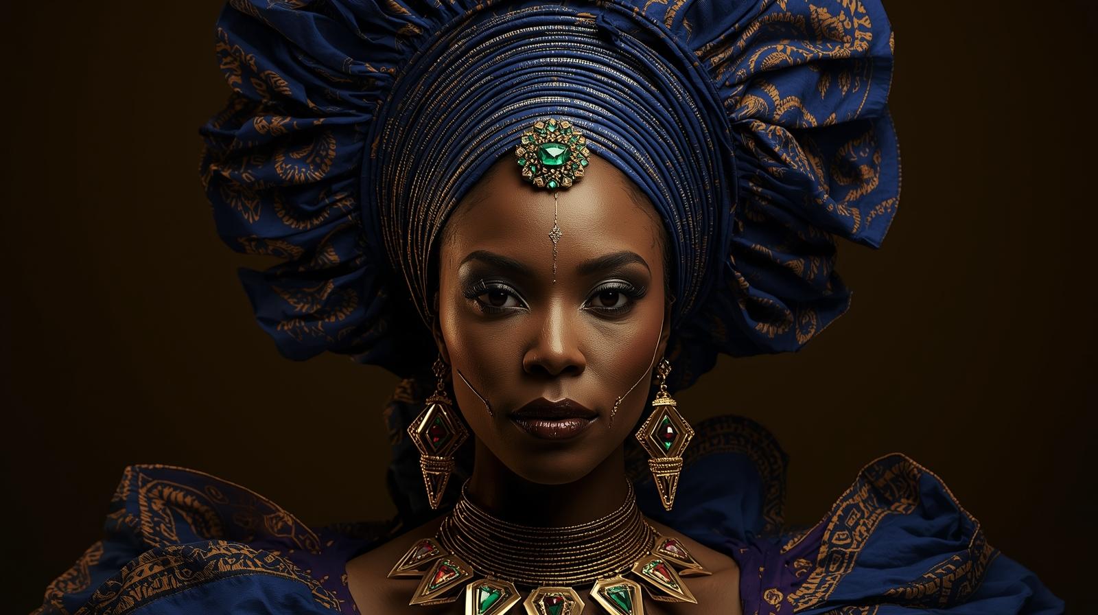 Afro Kraliçe Serisi 01 – Majestic Gele & Afrofütürizm Portresi (Canlı Renkler ve Regal Duruş) Afro Kraliçe Serisi 01 – Majestic Gele & Afrofütürizm Portresi (Canlı Renkler ve Regal Duruş)