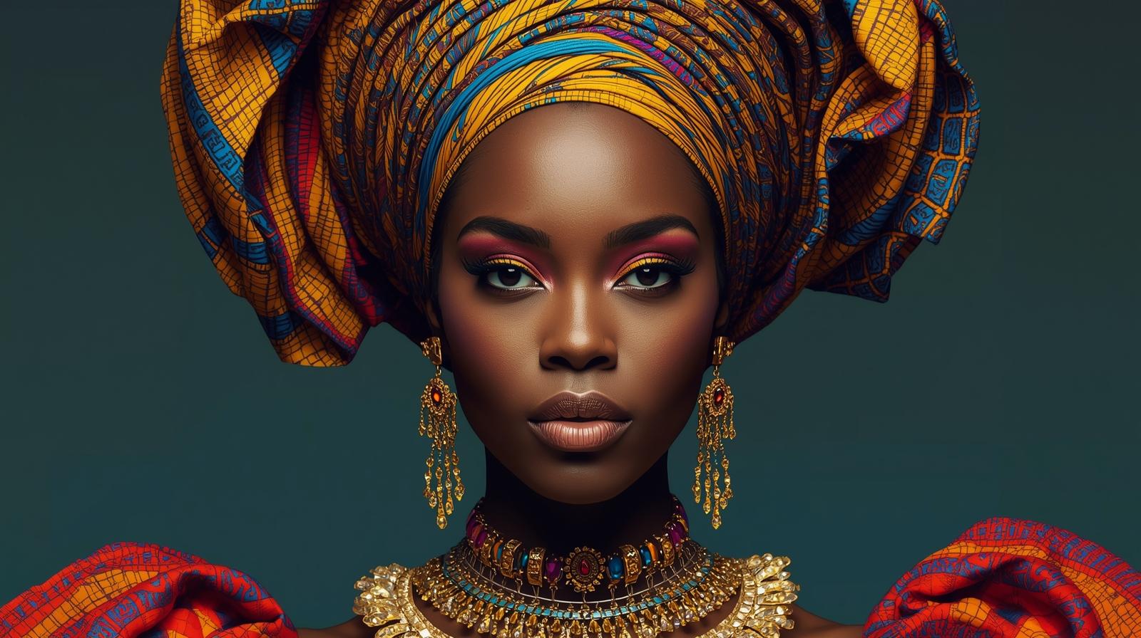 Afro Kraliçe Serisi 02 – Majestic Gele & Afrofütürizm Portresi (Canlı Renkler ve Regal Duruş) Afro Kraliçe Serisi 02 – Majestic Gele & Afrofütürizm Portresi (Canlı Renkler ve Regal Duruş)