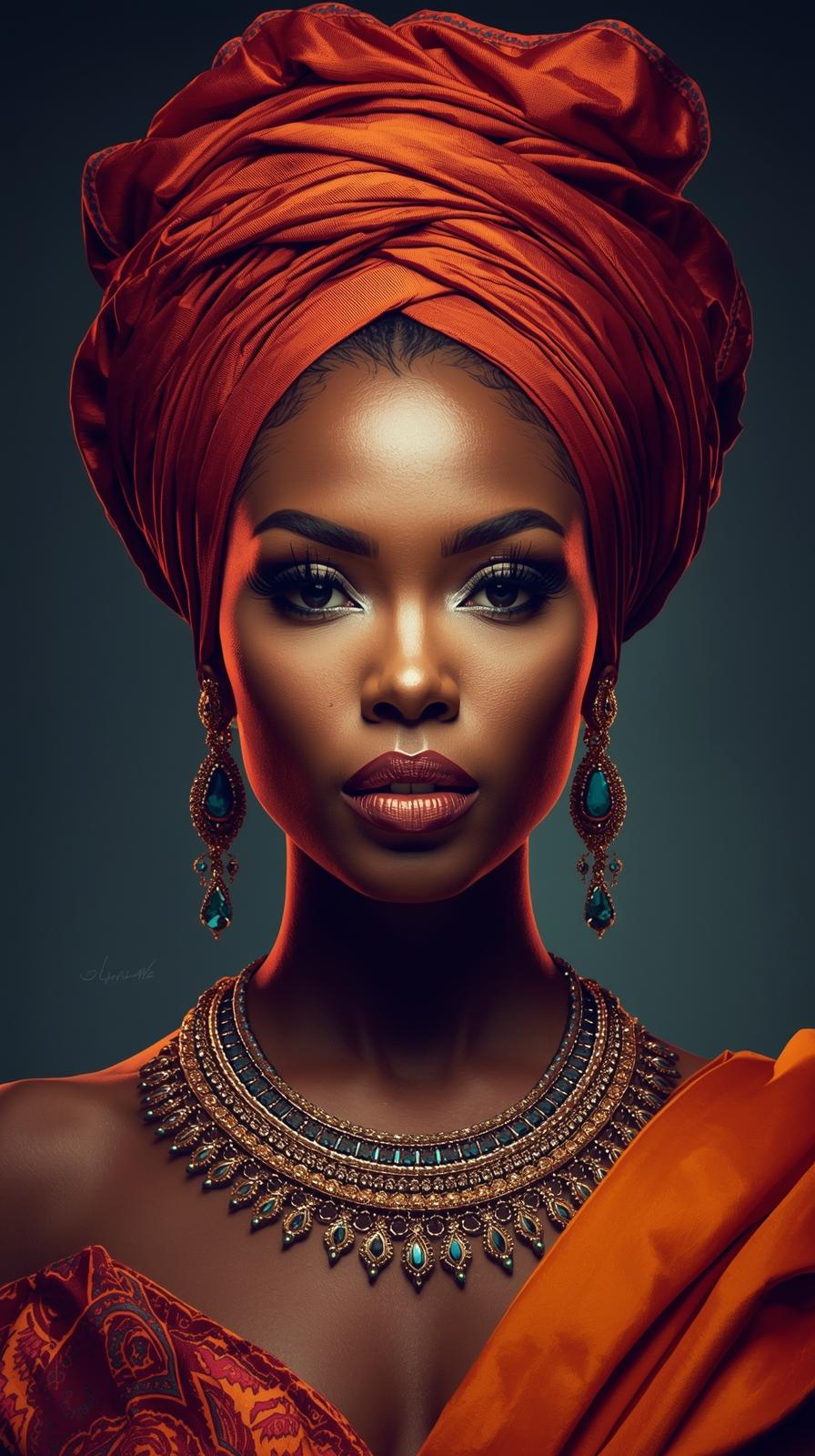 Afro Kraliçe Serisi 13 – Majestic Gele & Afrofütürizm Portresi (Canlı Renkler ve Regal Duruş)
