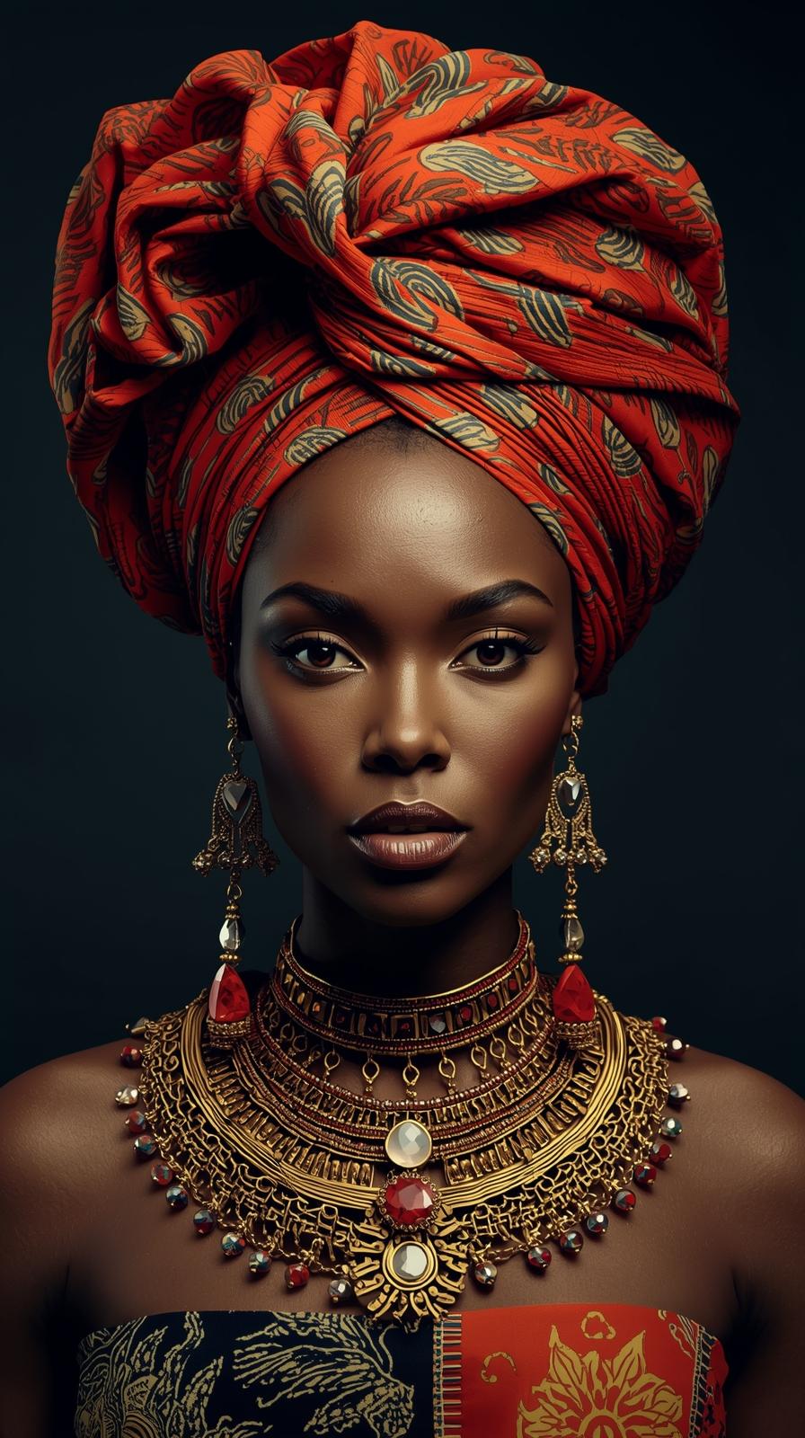 Afro Kraliçe Serisi 15 – Majestic Gele & Afrofütürizm Portresi (Canlı Renkler ve Regal Duruş)