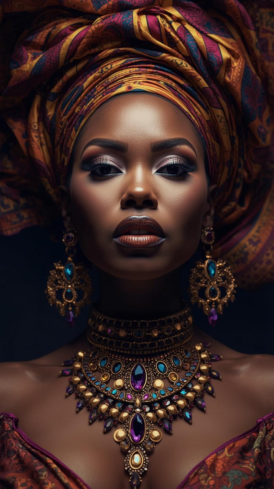 Afro Kraliçe Serisi 16 – Majestic Gele & Afrofütürizm Portresi (Canlı Renkler ve Regal Duruş)