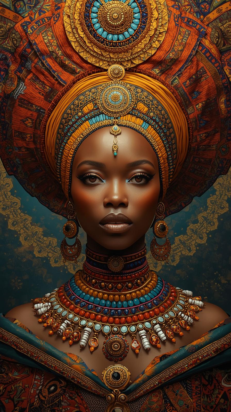 Afro Kraliçe Serisi 17 – Majestic Gele & Afrofütürizm Portresi (Canlı Renkler ve Regal Duruş)