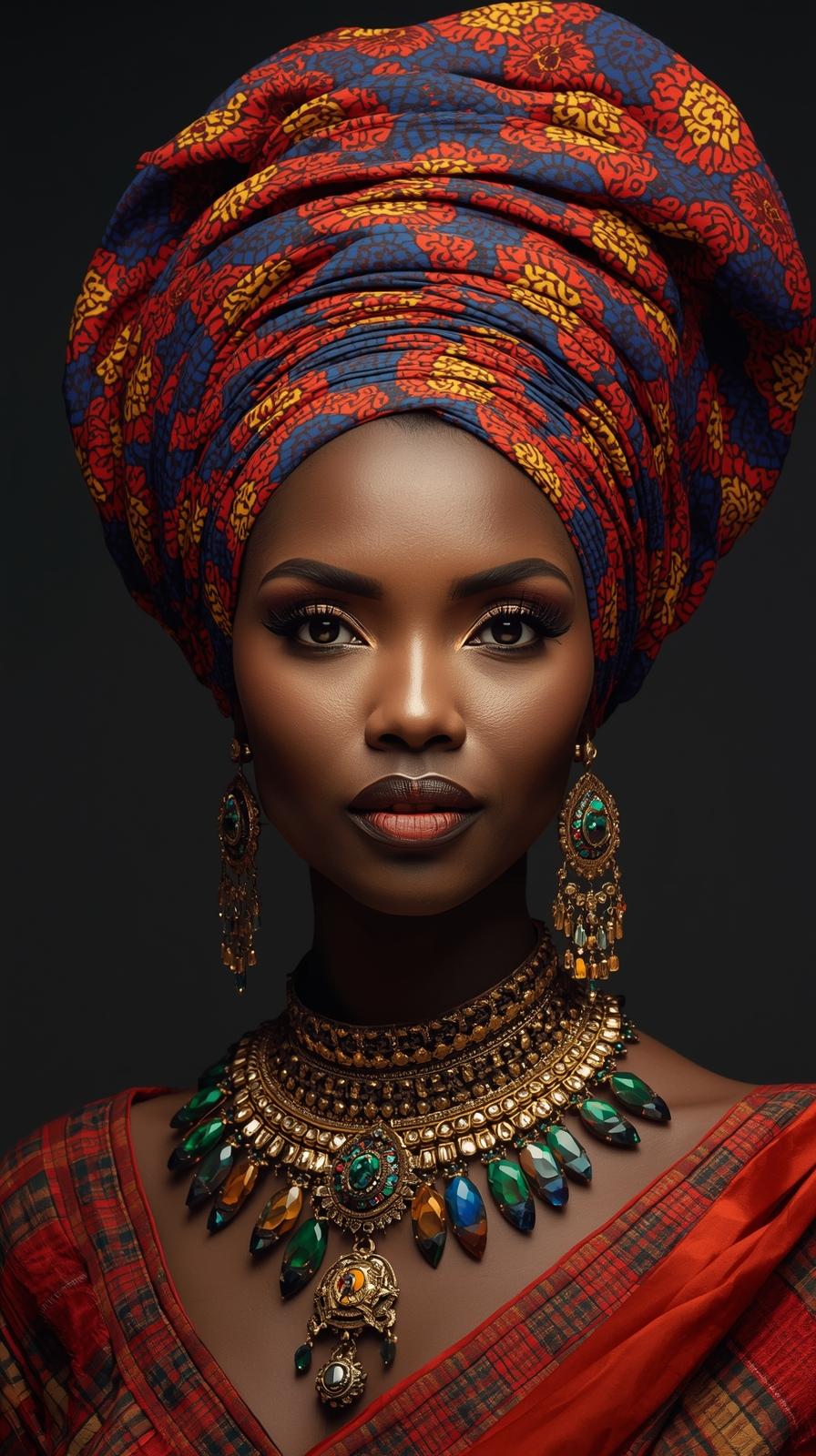 Afro Kraliçe Serisi 18 – Majestic Gele & Afrofütürizm Portresi (Canlı Renkler ve Regal Duruş)