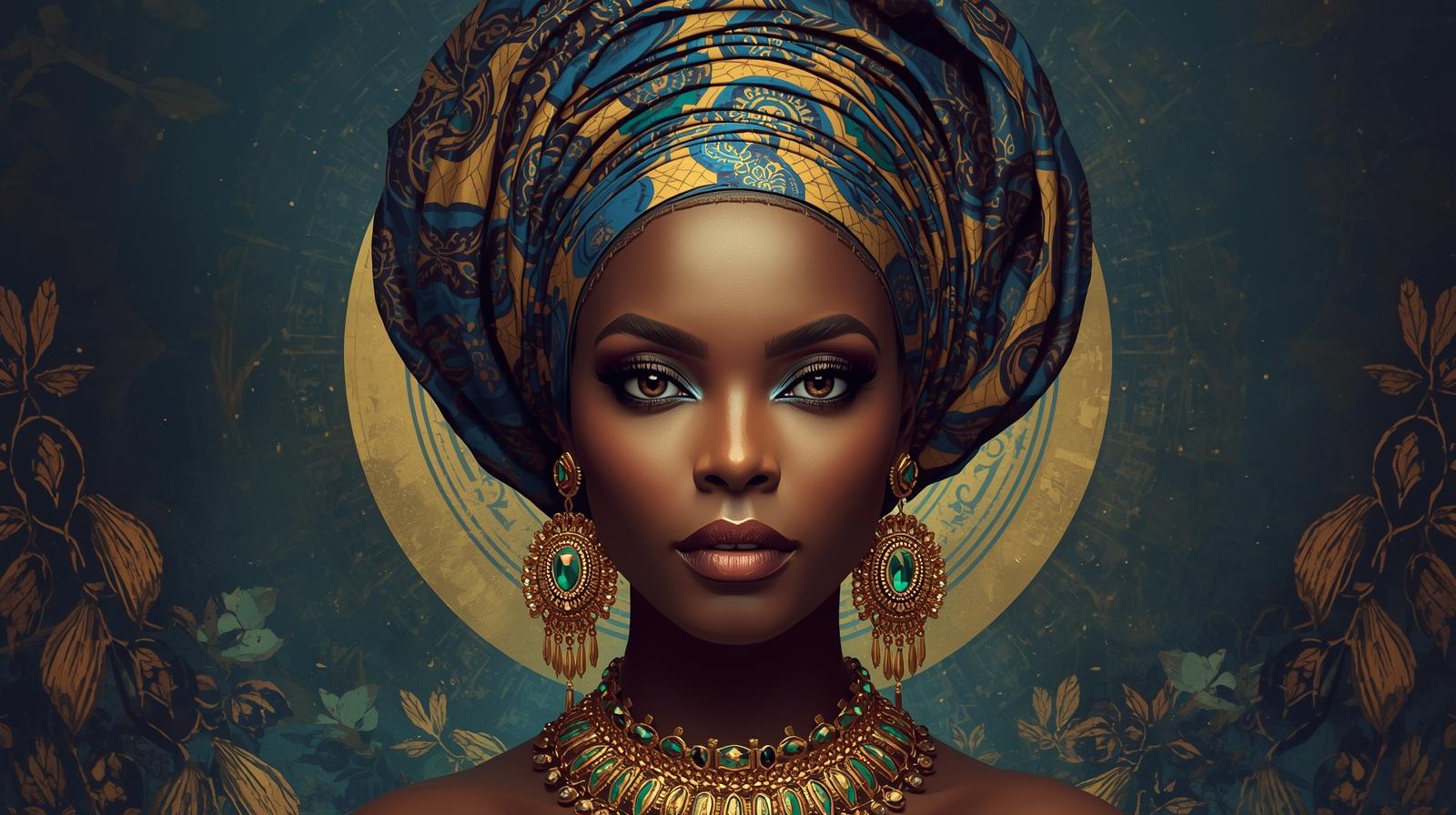 Afro Kraliçe Serisi 20 – Majestic Gele & Afrofütürizm Portresi (Canlı Renkler ve Regal Duruş)