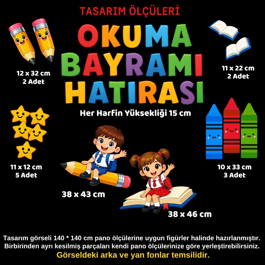 Okuma Bayramı Hatırası Temalı Renkli Okul Panosu Figür Seti | Hazır Kesim Sınıf Süsü 