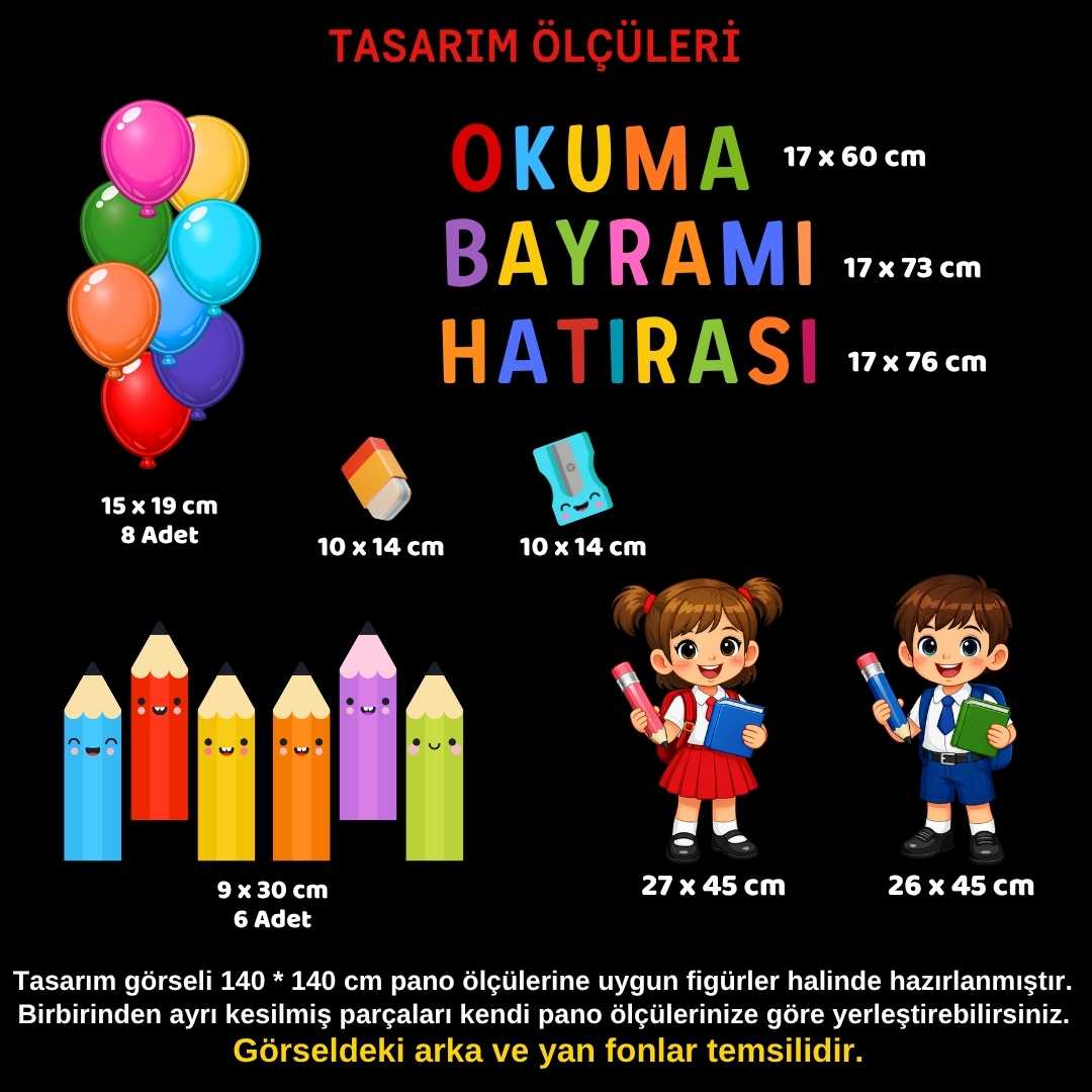 Okuma Bayramı Hatırası Temalı Renkli Okul Panosu Figür Seti | Hazır Kesim Sınıf Süsü 01