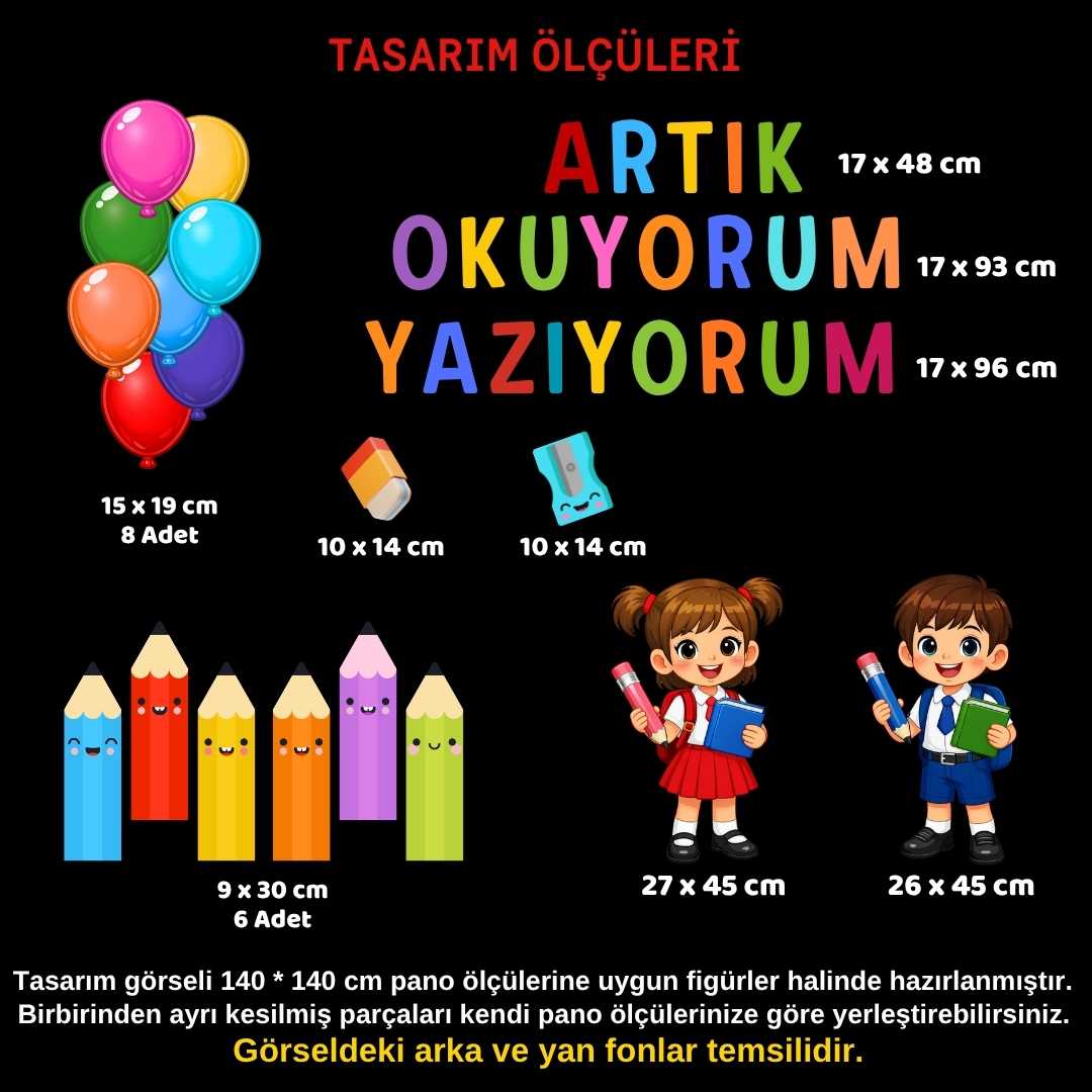 Okuma Bayramı (Artık Okuyorum Yazıyorum) Temalı Renkli Okul Panosu Figür Seti | Hazır Kesim Sınıf Süsü 