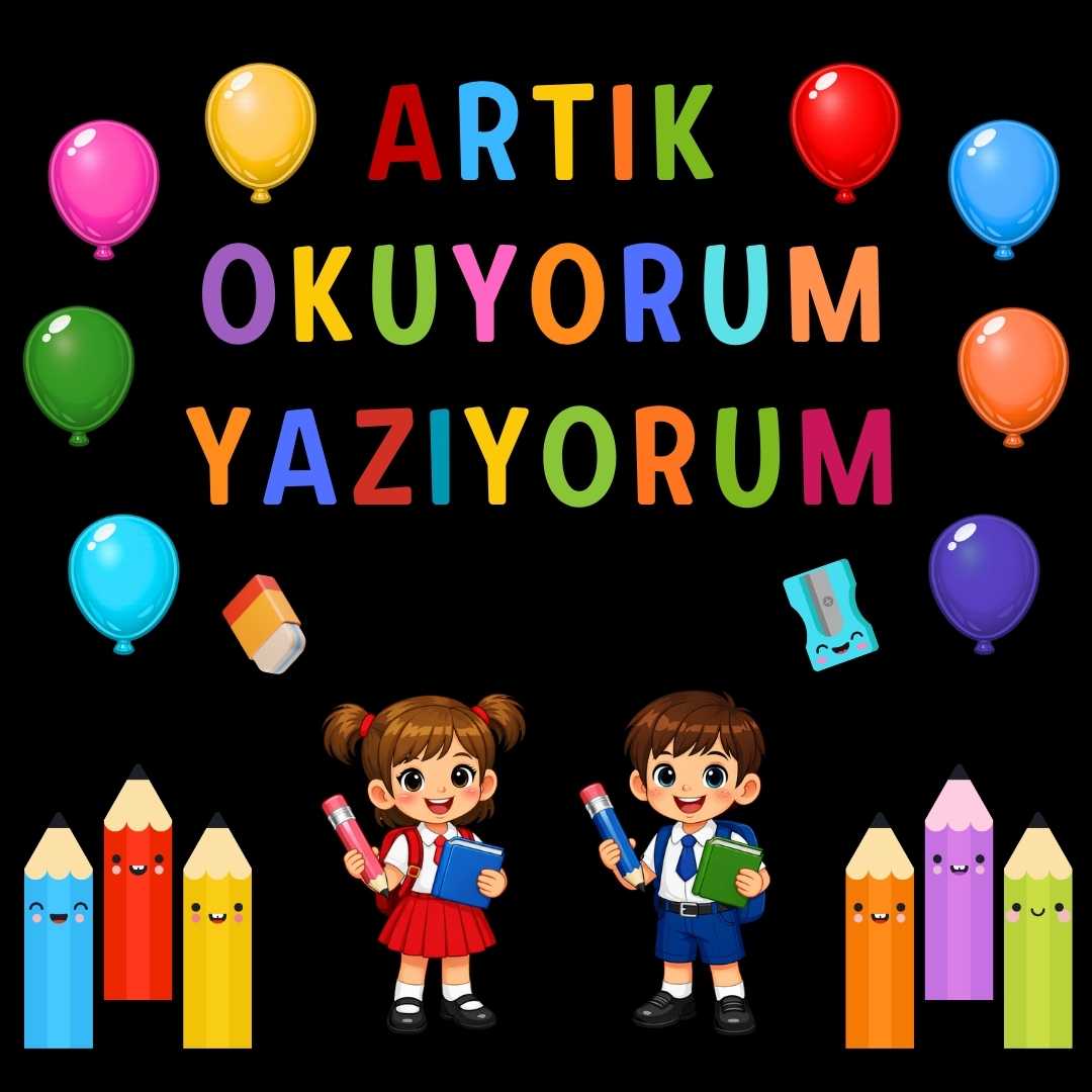 Okuma Bayramı (Artık Okuyorum Yazıyorum) Temalı Renkli Okul Panosu Figür Seti | Hazır Kesim Sınıf Süsü 