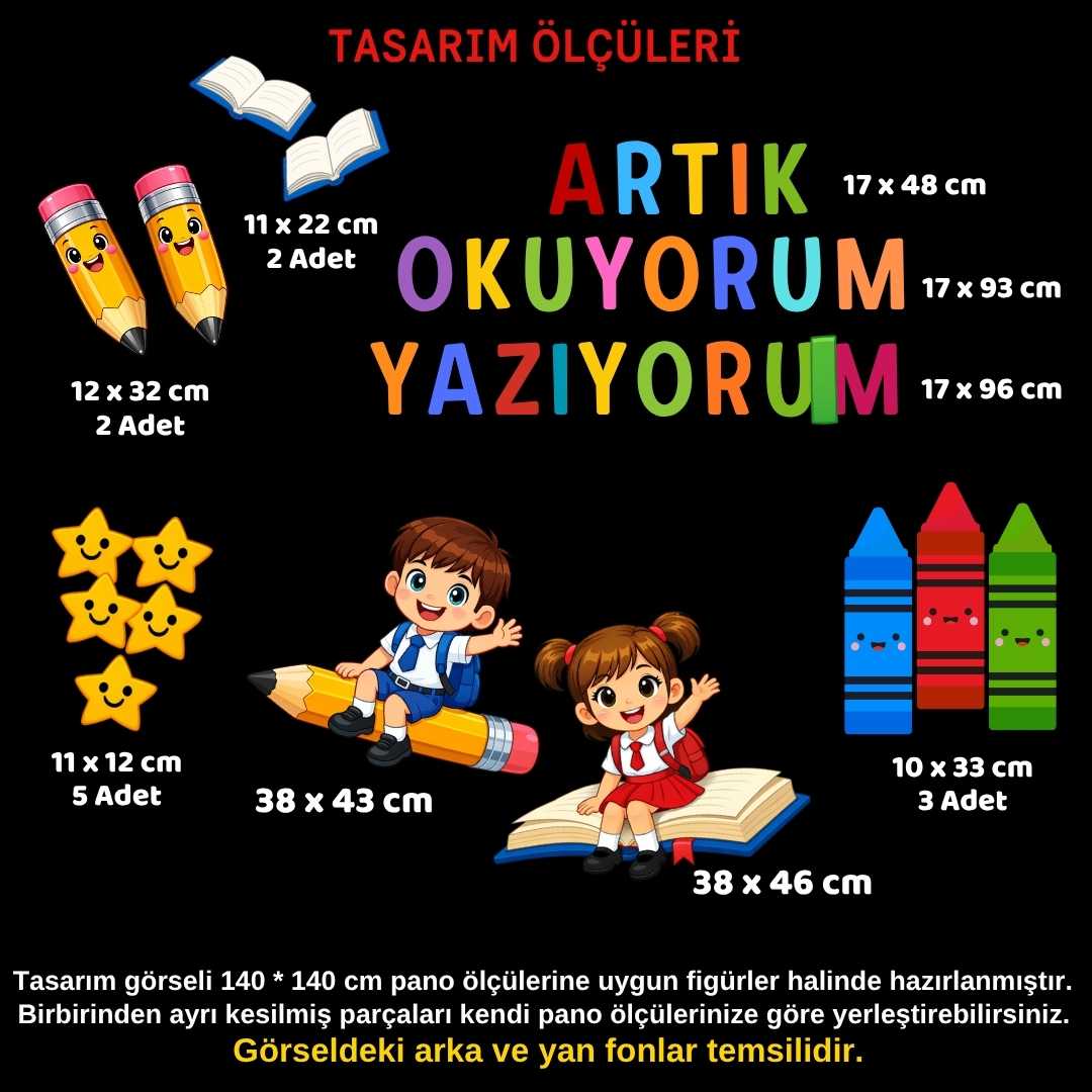 Okuma Bayramı (Artık Okuyorum Yazıyorum) Temalı Renkli Okul Panosu Figür Seti | Hazır Kesim Sınıf Süsü 01