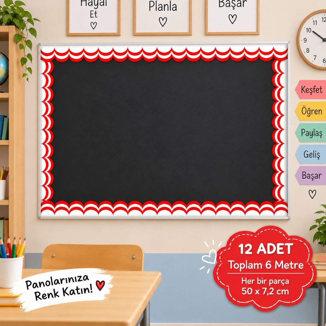 Okul Pano Kenar Süsü 02 Kırmızı Beyaz Dalga 12'li 6 Metre