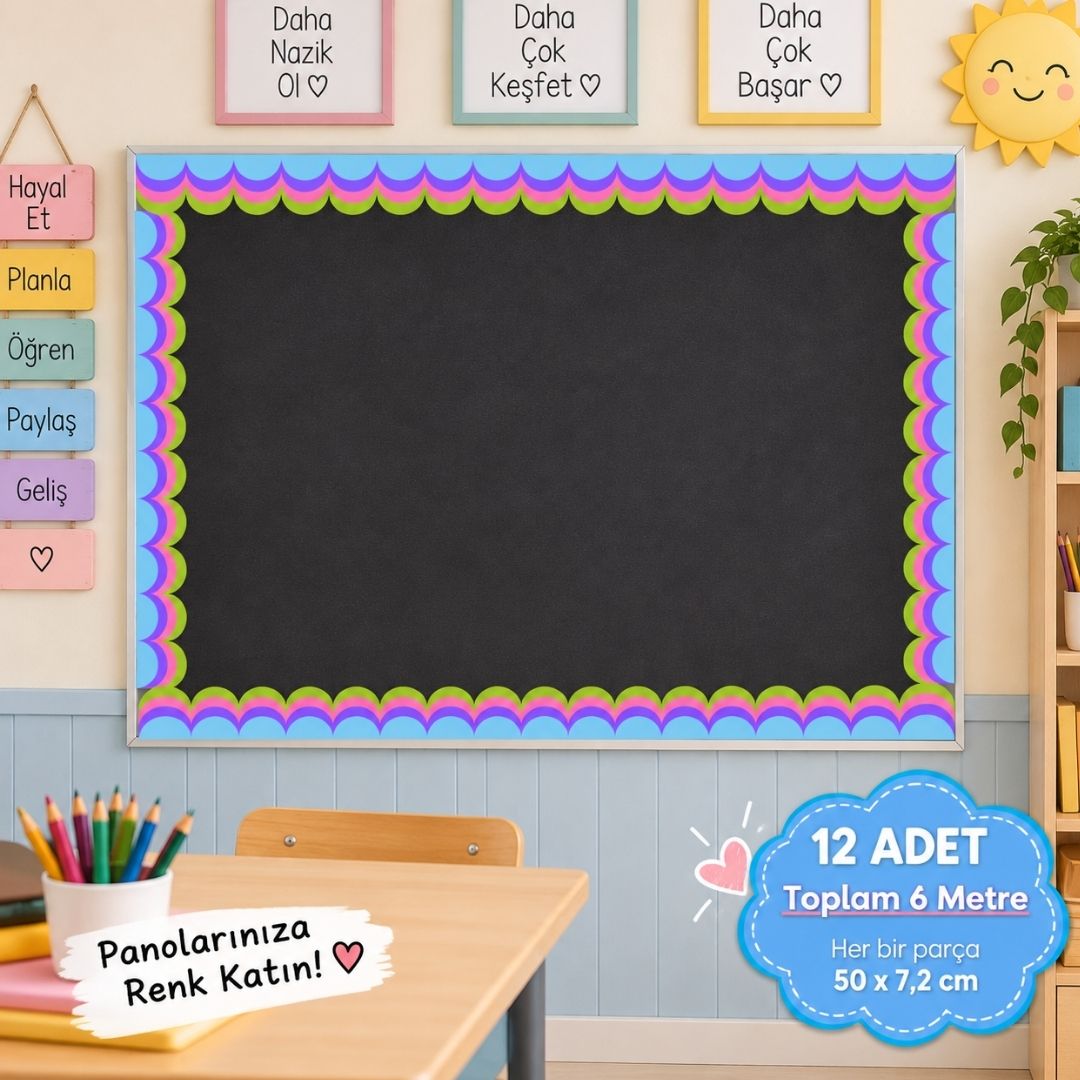 Okul Pano Kenar Süsü 04 Sarı Neon Renkli Dalga 12'li 6 Metre