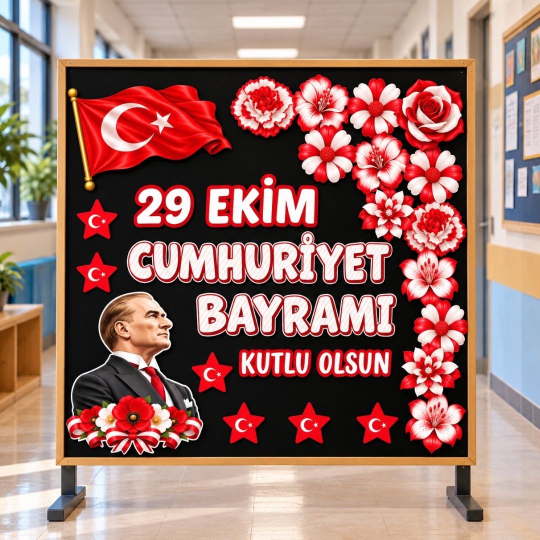 29 EKİM CUMHURİYET BAYRAMI Hazır Fügür Kesim Pano Süsü Çiçekli