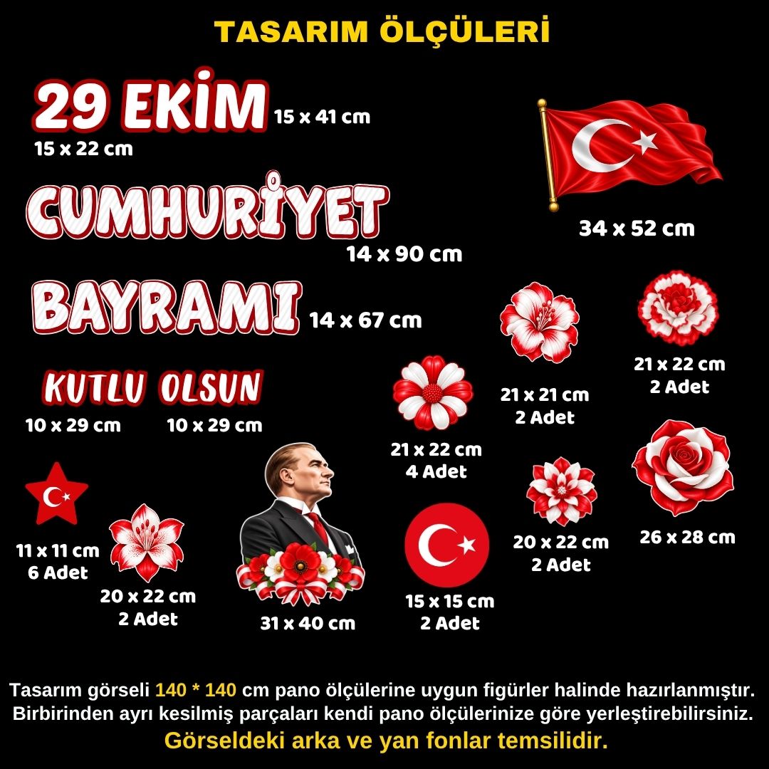 29 EKİM CUMHURİYET BAYRAMI Hazır Fügür Kesim Pano Süsü Çiçekli