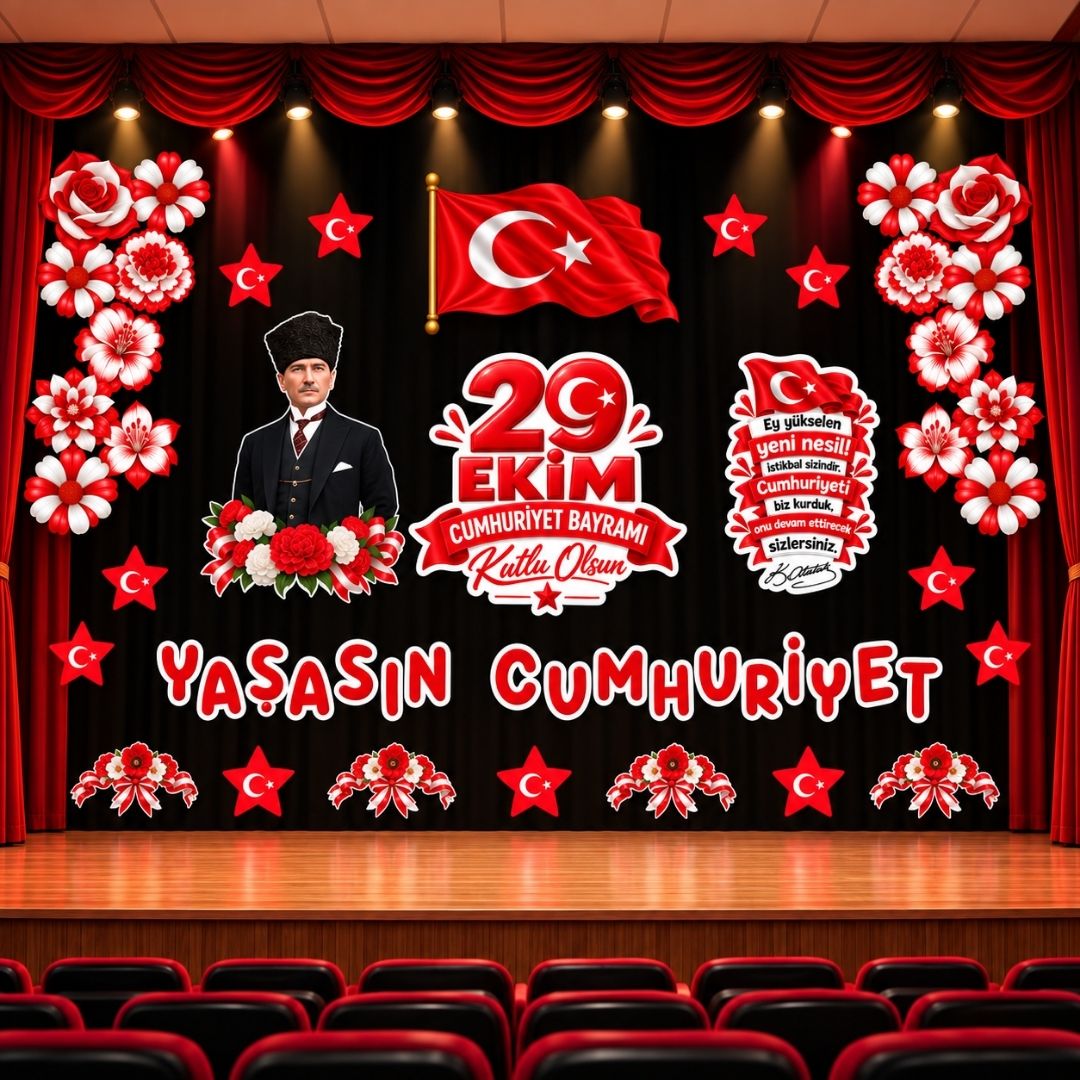 29 Ekim Cumhuriyet Bayramı Hazır Kesim Sahne Boy Pano Süsü 3,5 x 2,5 m Uyumlu