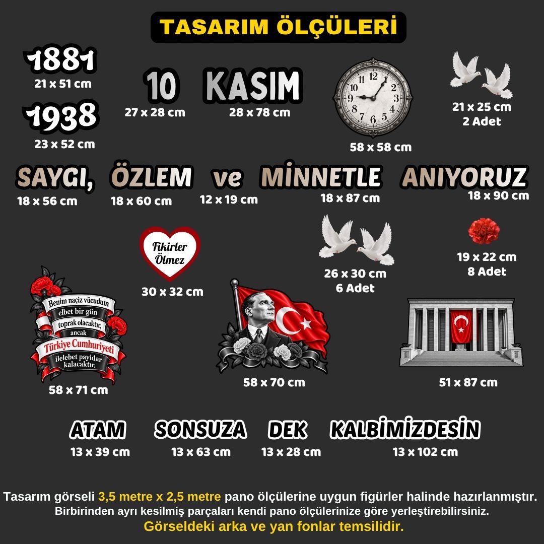 10 Kasım Atatürk'ü Anma Günü Hazır Kesim Sahne Boy Pano Süsü 3,5 x 2,5 m Uyumlu 10 Kasım Atatürk'ü Anma Günü Hazır Kesim Sahne Boy Pano Süsü 3,5 x 2,5 m Uyumlu