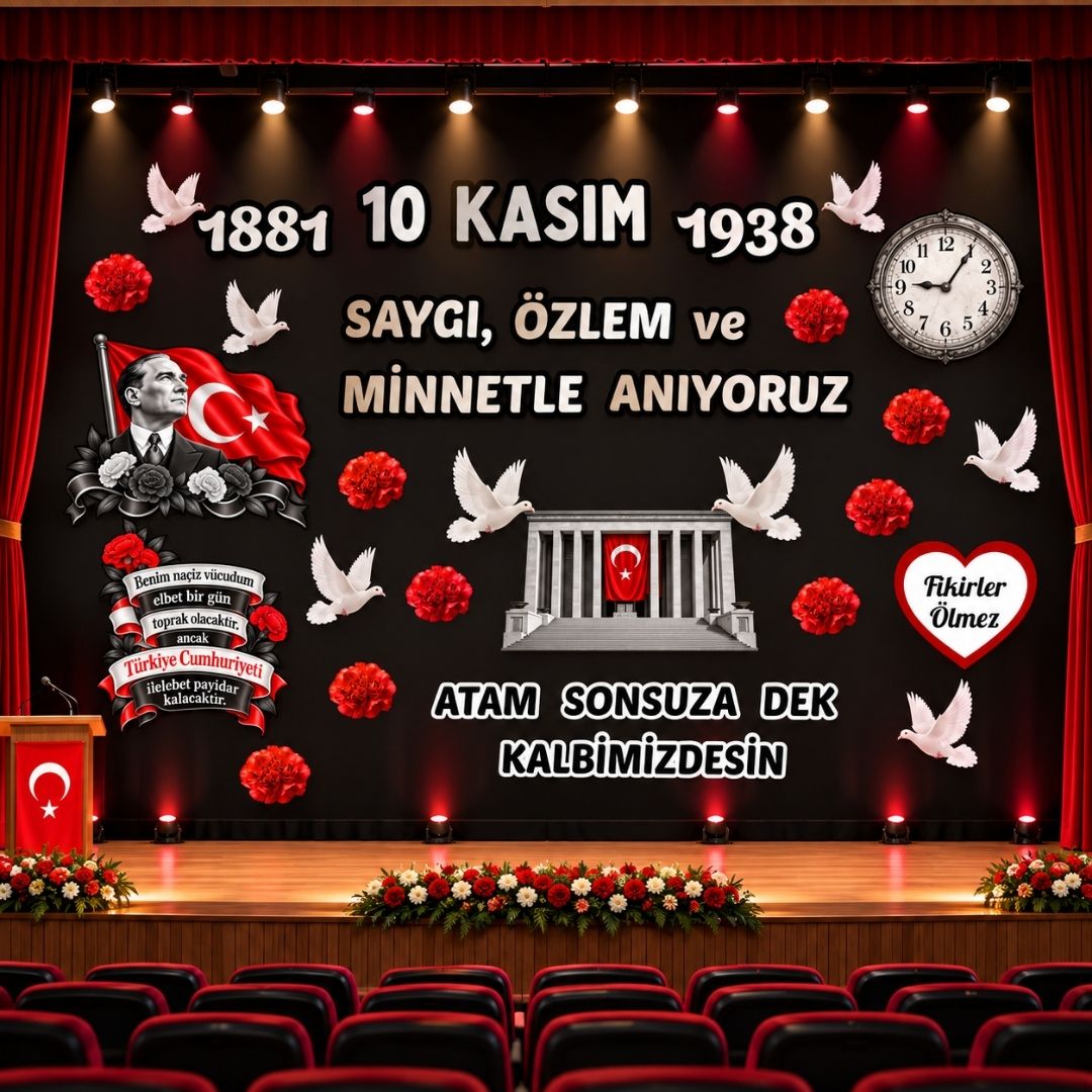 10 Kasım Atatürk'ü Anma Günü Hazır Kesim Sahne Boy Pano Süsü 3,5 x 2,5 m Uyumlu