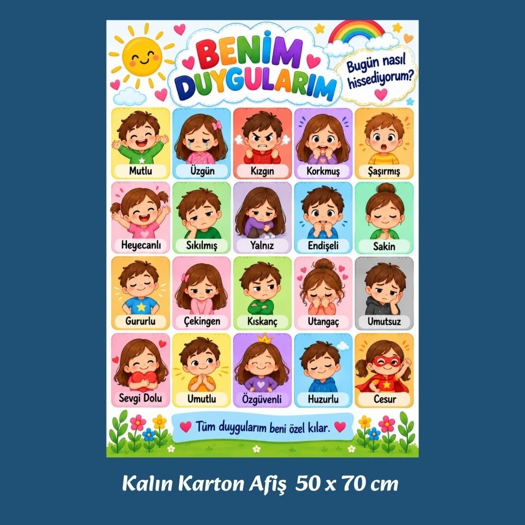 Benim Duygularım 20 Duygu Görselli Kalın Karton Eğitim Afişi 50x70 cm