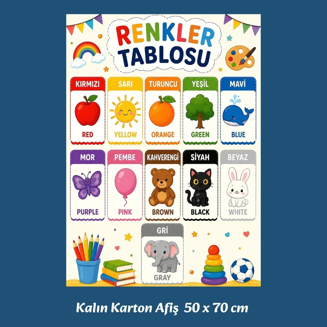 İngilizce Türkçe Renkler Tablosu 11 Renk Görselli Karton Afiş 50x70 cm Anaokulu İlkokul