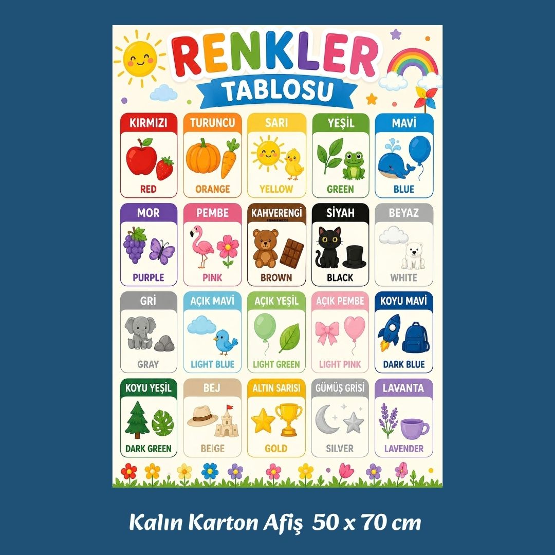 İngilizce Türkçe Renkler Tablosu 20 Renk Görselli Karton Afiş 50x70 cm İlkokul