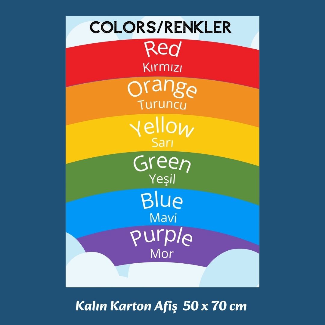 İngilizce Türkçe Temel Renkler Gökkuşağı Kalın Karton Eğitim Afişi 50x70 cm