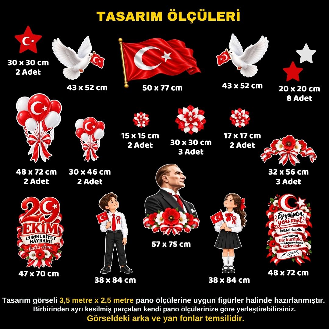 SAHNE BOYUTU 29 EKİM CUMHURİYET BAYRAMI Hazır Fügür Kesim Pano Süsü Balonlu SAHNE BOYUTU 29 EKİM CUMHURİYET BAYRAMI Hazır Fügür Kesim Pano Süsü Balonlu