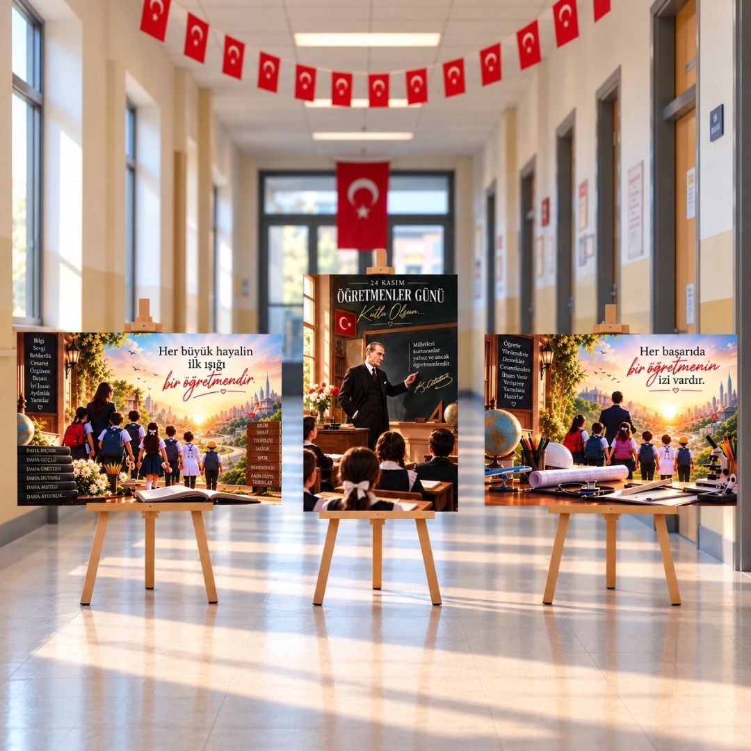 24 KASIM ÖĞRETMENLER GÜNÜ 48*68 cm MUKAVVA AFİŞ SETİ 3'LÜ SİYAH BEYAZ