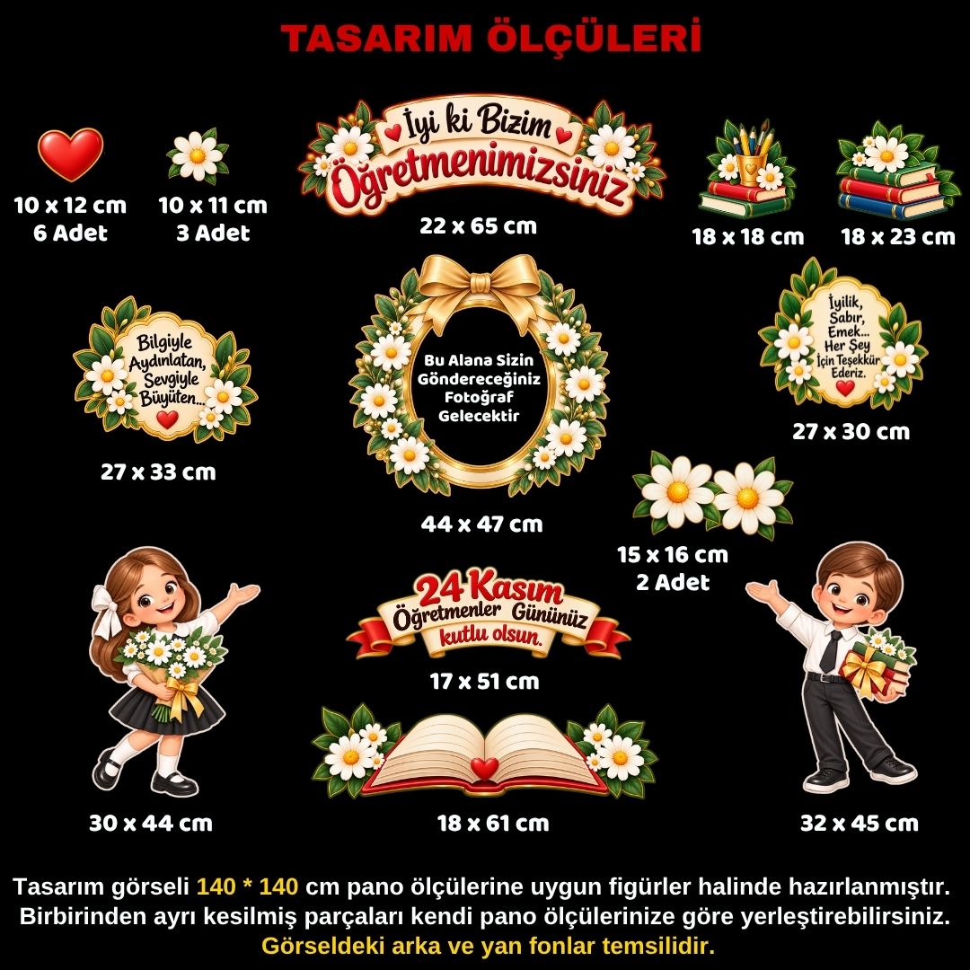 24 KASIM ÖĞRETMENLER GÜNÜ Kişiye Özel Hazır Fügür Kesim Pano Süsü Çiçekli