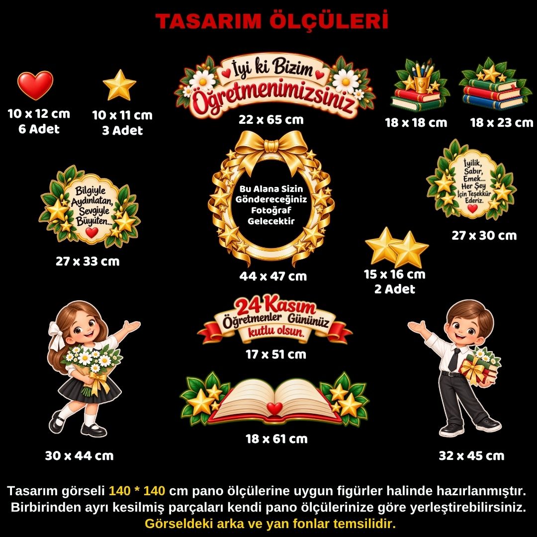 24 KASIM ÖĞRETMENLER GÜNÜ Kişiye Özel Hazır Fügür Kesim Pano Süsü Yıldızlı