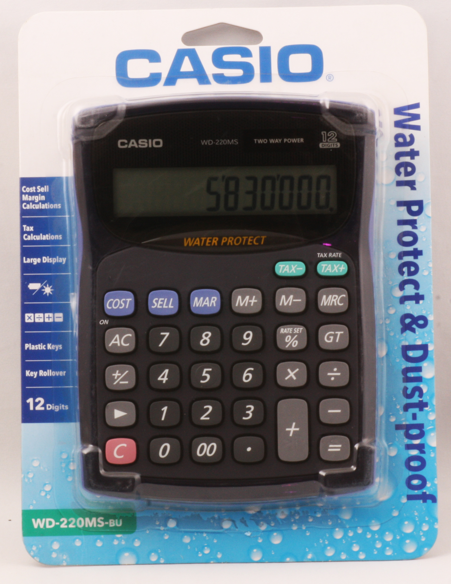 CASIO WD-220MS-BU 12 HANE SUYA-TOZA DAYANIKLI MASA USTU HESAP MAKINESI