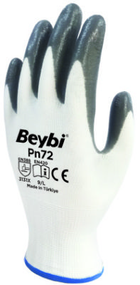 BEYBI NITRIL POLY PN72 9 BEDEN BEYAZ GRI ELDIVEN 12LI PAKET