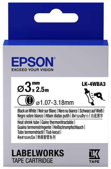 EPSON LK-4WBA3 ISIYLA DARALAN SIYAH UZERI BEYAZ 3MM 2,5METRE ETIKET