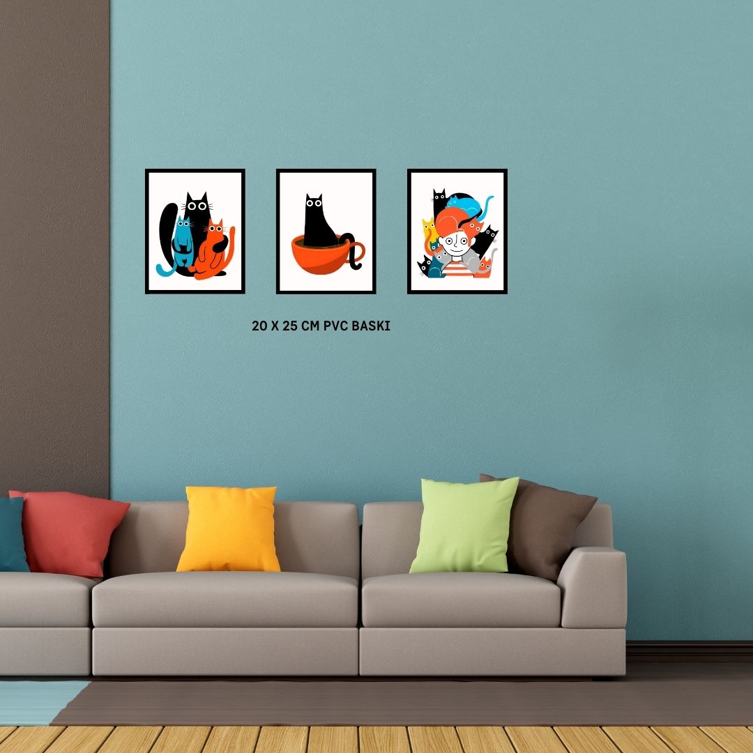 Siyah Kedi PVC 3'lü Tablo Seti 20x25 cm Çerçeve Görünümlü