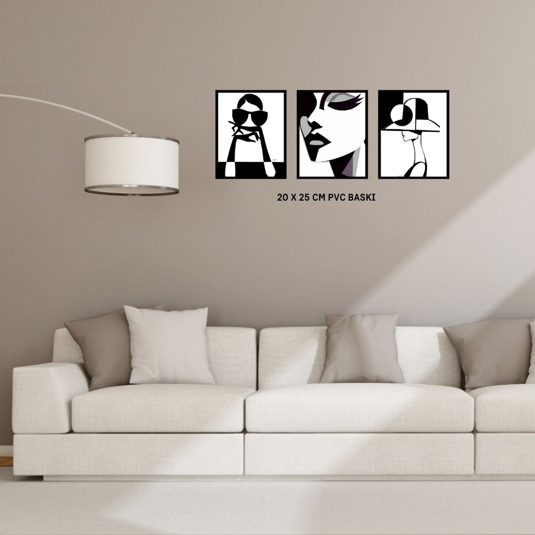Black Women PVC 3'lü Tablo Seti 20x25 cm Çerçeve Görünümlü
